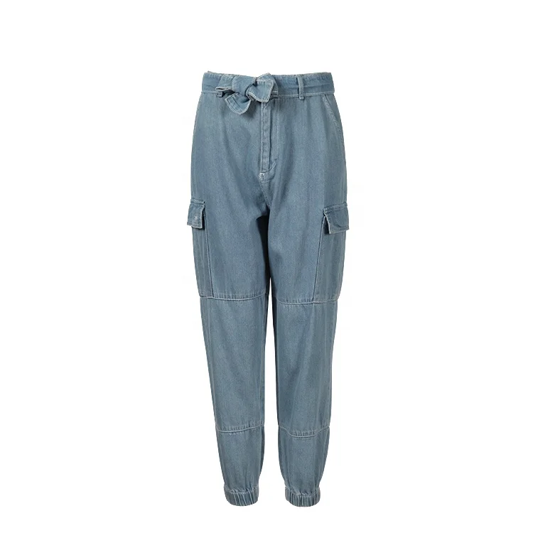
Trendy female cotton fade washed denim women harem jeans pants trousers with pockets in two sides 