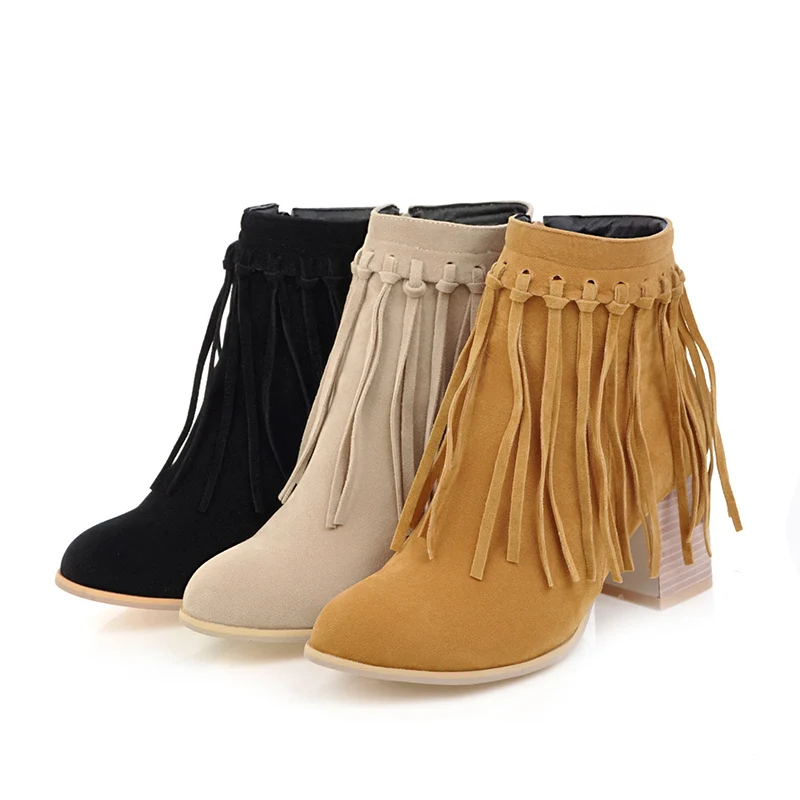 

Leisure Style Round Toe Nubuck Ankle Boots Tassel Zipper Yellow Beige High Heel Women Motorcycle Boots, Black/ecru/yellow