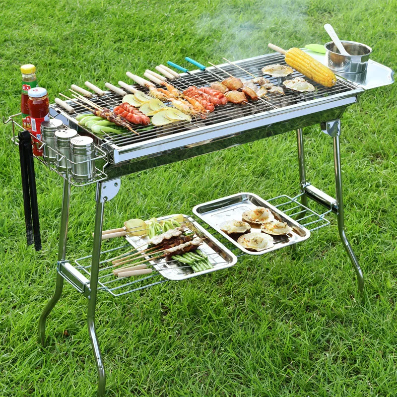 

Outdoor garden foldable stainless steel large barbecue rack with shelf