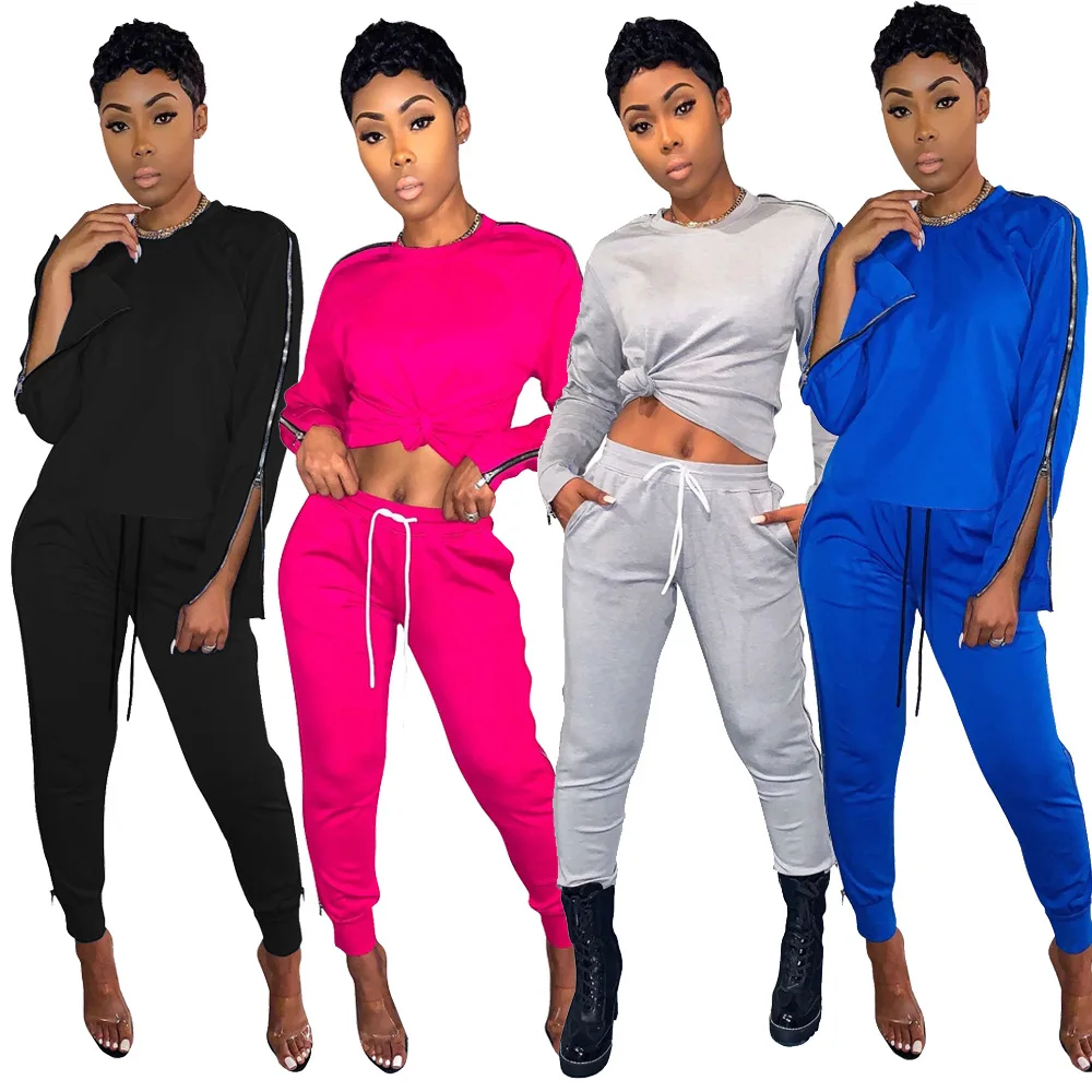 

O Neck T-shirt Adjustable Drawstring Pants Womens 2 Piece Autumn Outfits Side Zip Set Long Sleeve 2 Piece Pants Set Women