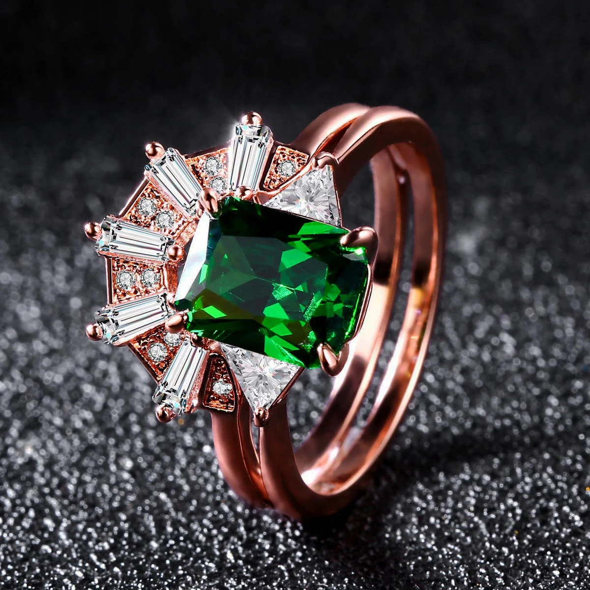 

Luxury 2 Pieces Rings Green Glass Cubic Zircon Rings Jewelry Women Ring Sets