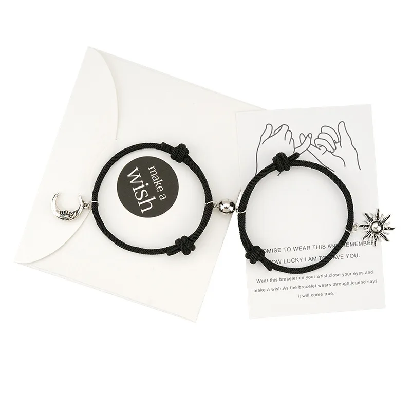 

Black White Rope Braided Sun And Moon Couple Bracelet Magnetic Touch Bracelet Set With Card, As picture