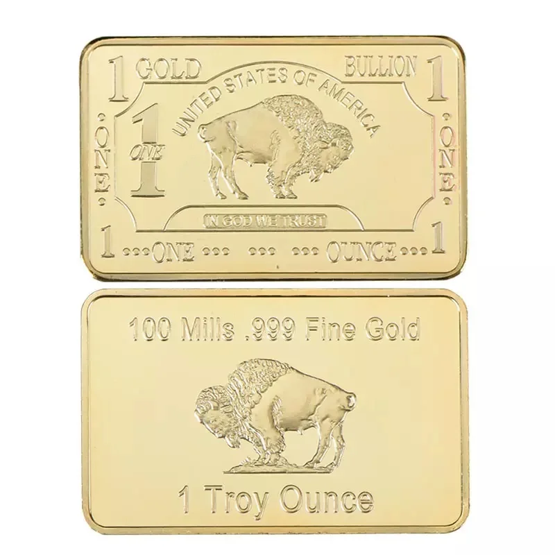 

Custom antique old coins 1 Troy Ounce .100 Mils 999 Fine Gold 24K Gold Plated Buffalo Bars