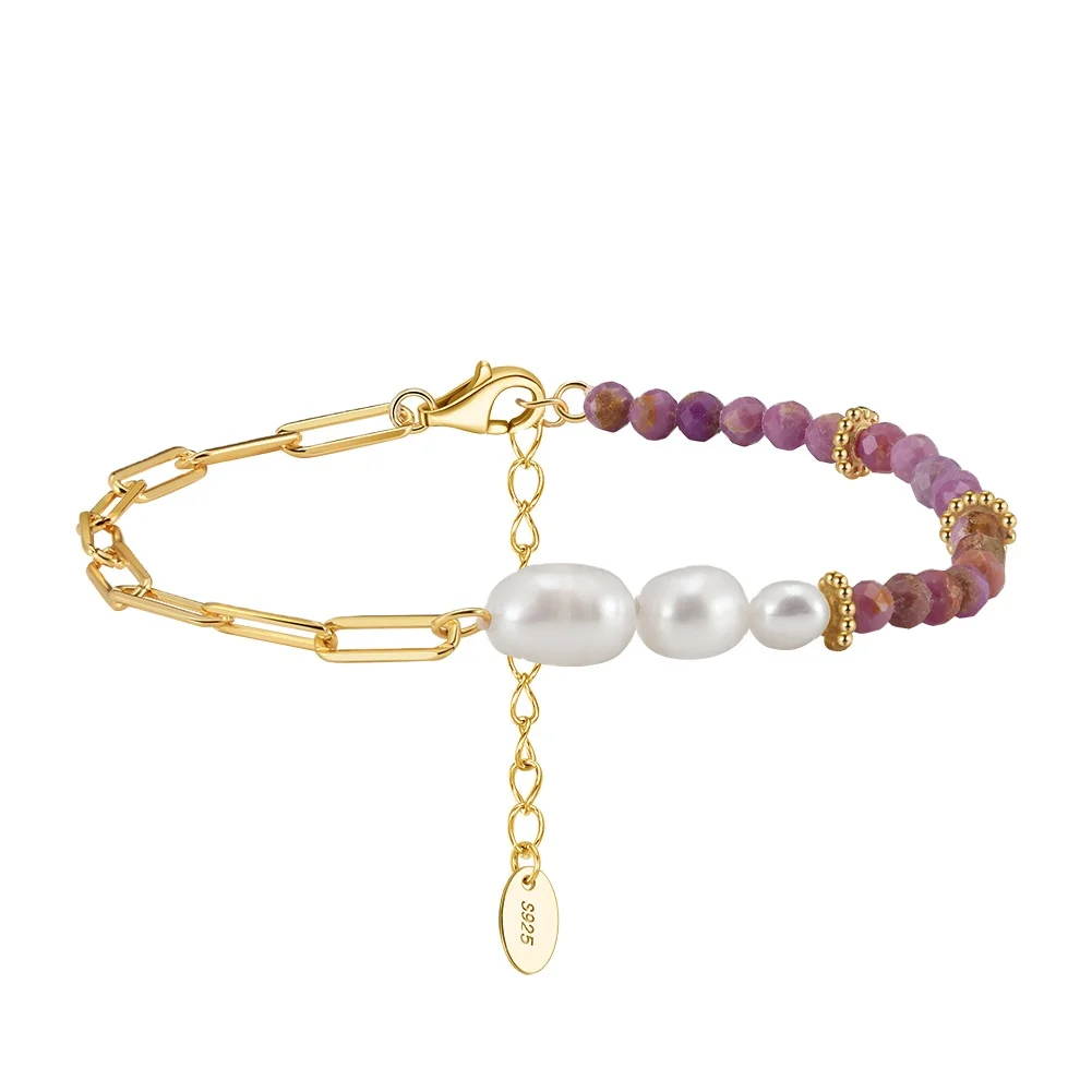 RINNTIN MPB05 Bracelet Women Real Pearl Natural Purple Mica Gemstone Chain Bracelets Bohemian Styles for Girls Valentine Gift
