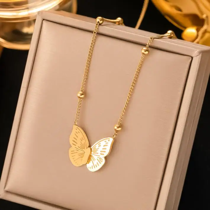 

Fashion Korea Stainless Steel Gold Bead chain Butterfly Pendant choker Necklace Earrings For Women Fashion Girl Jewelry Set