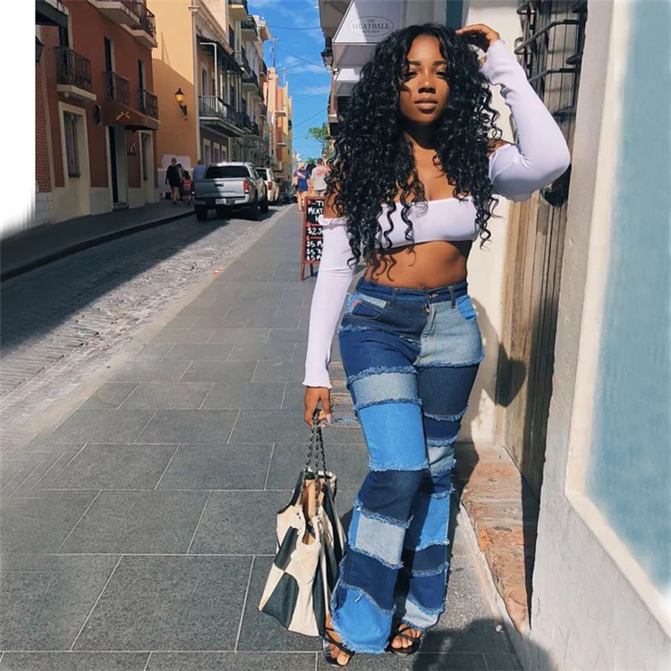 

Europe and America plus size popular contrast color women patchwork denim bell-bottoms long trousers