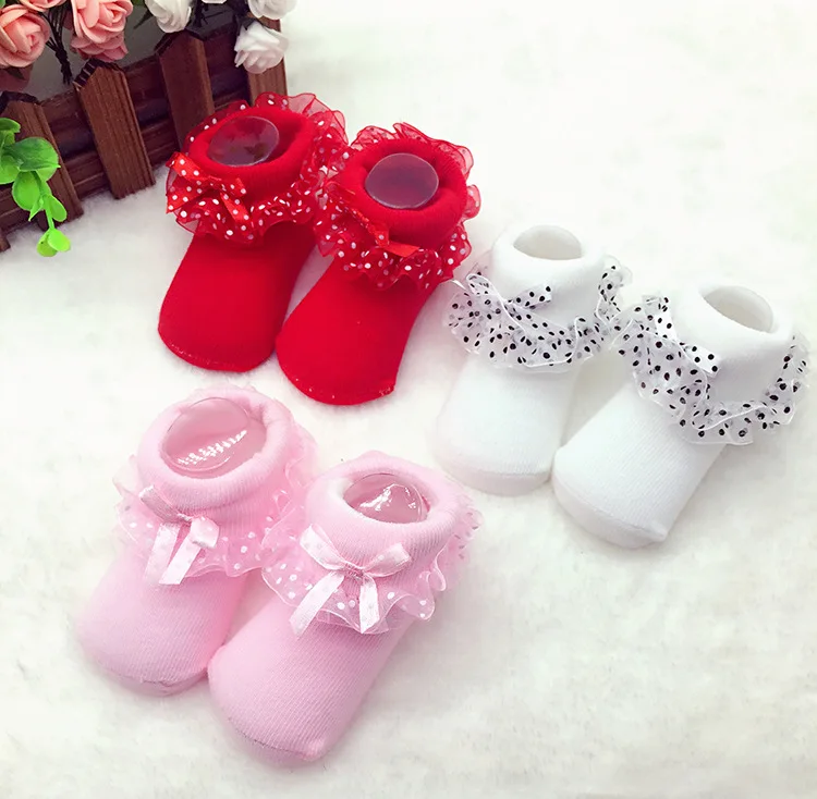 

New Newborn Infant Kids Baby Girls 0-12M Lace Ruffled Cotton Socks Dots Bowknot Lace Warm Frilly Sock 3 Colors