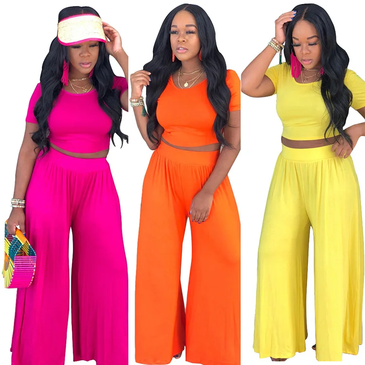 

Solid color women two piece t shirt pants set summer