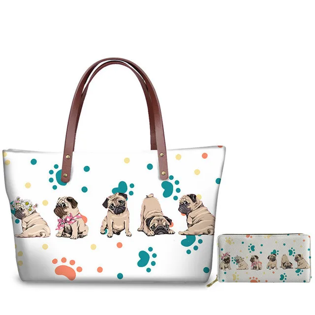 

2 Pcs / Set Shoulder Bag Purse Handbag Women Luxury Pug Dog Paw Print Fashion Women Composite Bags Tote+Shoulder+Clutch, Accept custom made