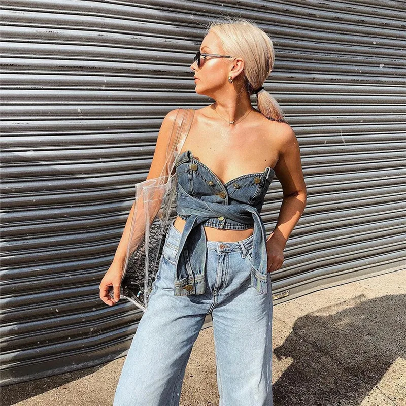 

2020 new arrivals autumn women sexy asymmetrical design off shoulder fashion denim tops