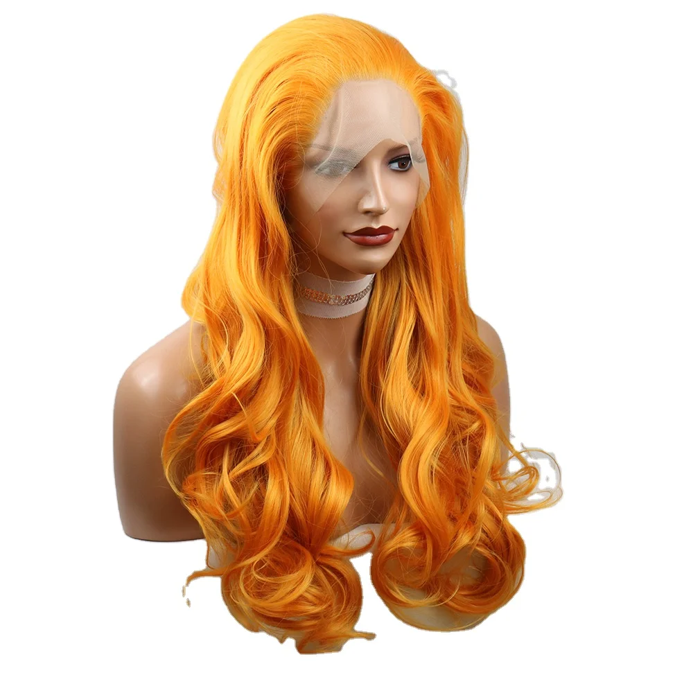 

Orange Body Wave Glueless Synthetic Hair Lace Front Wig For Black Women wholesale synthetic fiber wigs heat resistant hair