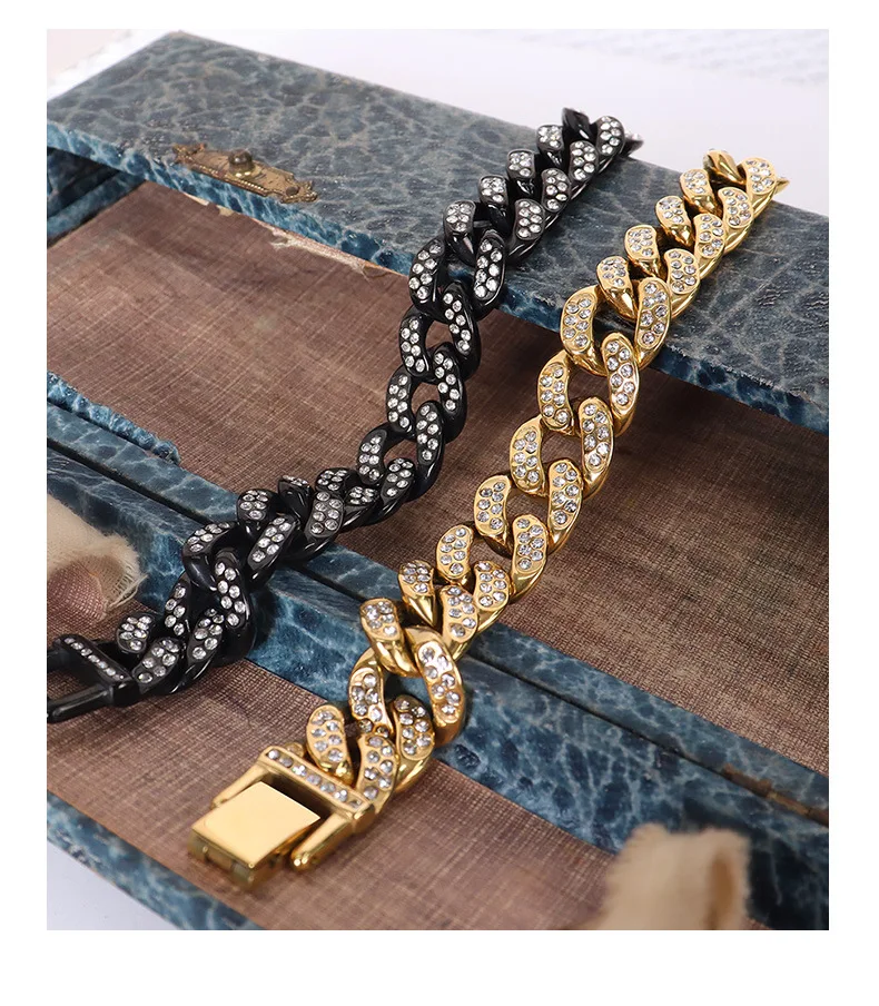 

Hot sale exaggerated tide street hip-hop bracelet titanium steel plated 18k gold studded Cuban chain jewelry thick chain, 2 colors