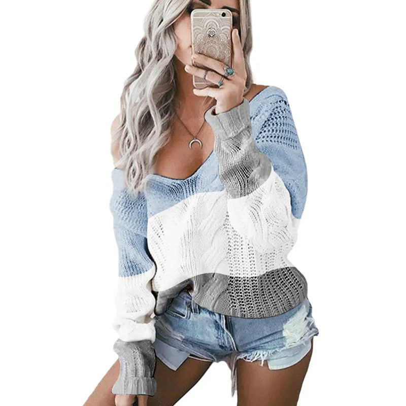 

Online Contrast V Neck Knitted Vertical Stripe Hollow Sweater For Women, Striped