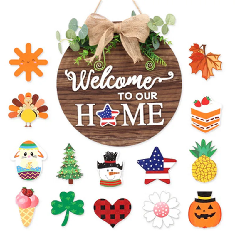 

Artificial Flower Wooden Door Decoration Listing DIY Magnetic Letter Home Holiday House Decorations Door Hanging Plate, As the picture display