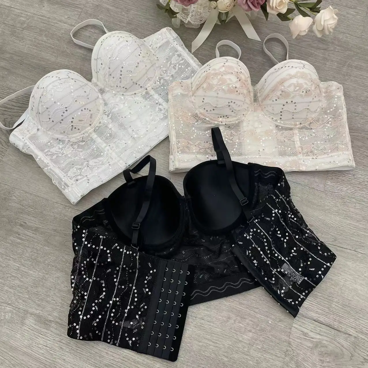 

Wholesale Women's Plus Size Corset Top Fashion Beaded Lace and Rhinestone Decoration Underwire Support Manufacturers' Choice