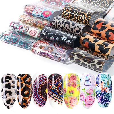 

50 Sheets Nail Art Foil Transfer Stickers Laser Flower Leopard Print Nail Foil Adhesive Decals Starry Sky Manicure Transfer Tips, Coloful nail painting