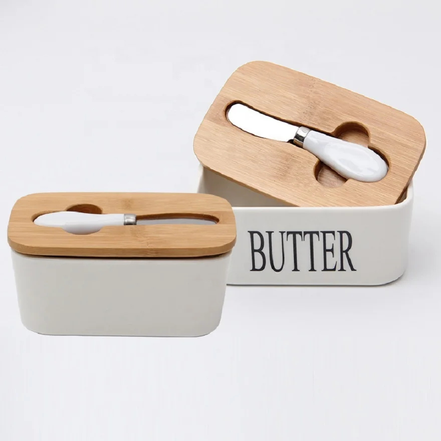 

Hot sale bamboo lid with ceramic knife butter box kitchen refrigerator storage airtight can rectangular storage box, White/black/green