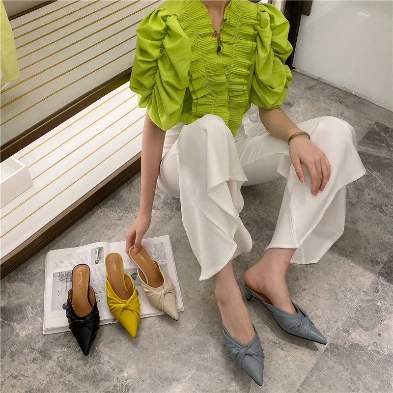 

JPG818-1 Women Shoes Fashion Pointed Toe Low Heels Summer Sandals Sexy Stiletto Mules Slippers Sandals For Ladies, Black apricot blue yellow