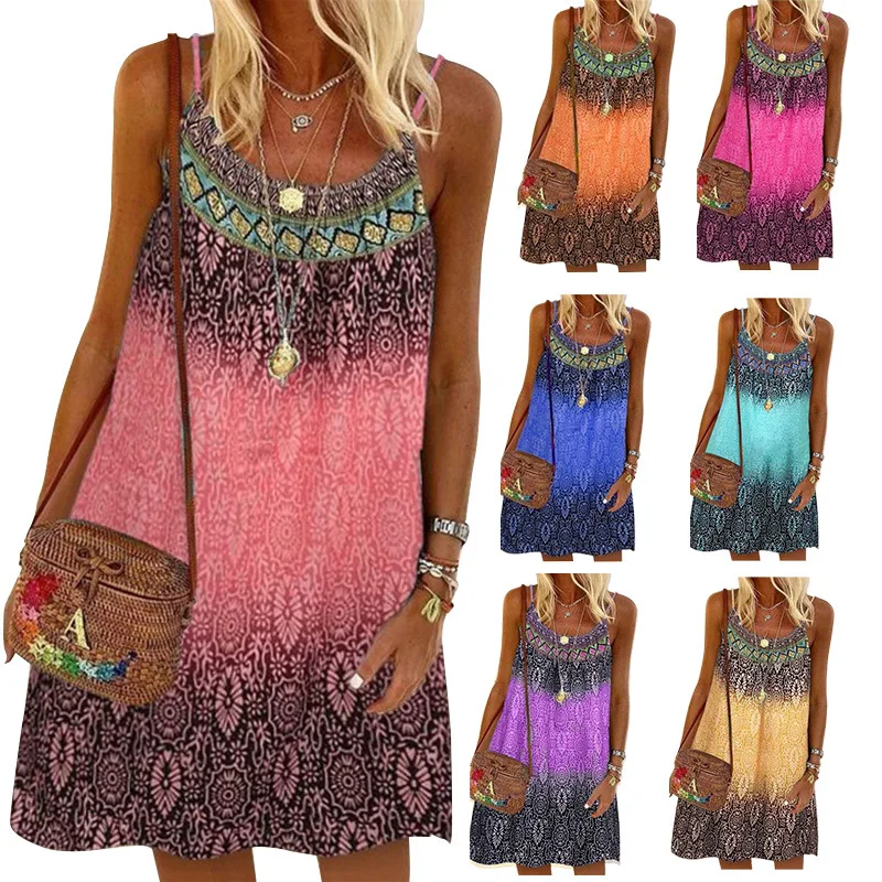 

Ecoparty Boho Summer Dress Women Multicolor Strappy Mini Dresses Female Ladies Beach Bohemian Sun Dress