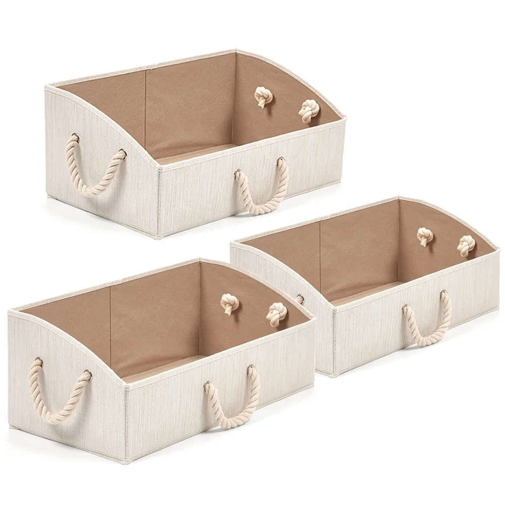 

Open Storage Bins Foldable Bamboo Fabric Trapezoid Organizer Boxes with Cotton Rope Handle, Collapsible Basket for Shelves, Beige, any color is available