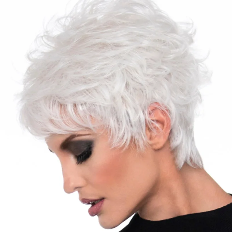 

Natural Fluffy Realistic Silver-white Elderly Women Short Hair Synthetic Wig For Women, Pics