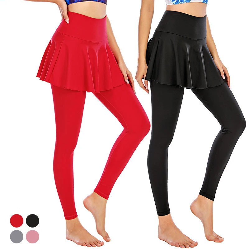 

Women Sport Workout Yoga Pants Leggings with Pleated Gym Tennis Skirt, 4 colors