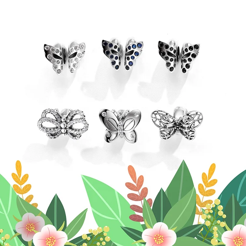 

Real 925 Sterling Silver Two pcs Beautiful Butterfly CZ Stopper Spacer Beads Charms for Bracelet Jewelry making Dropshipping