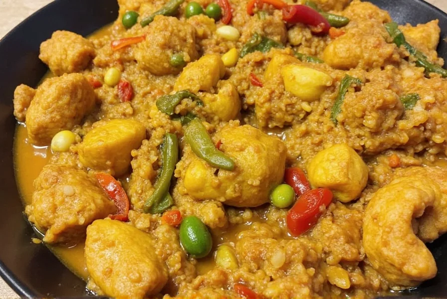 Bowl of steaming Trini Curry Chicken served with rice and roti