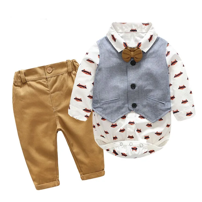 

2022 New Print Baby Party Dress Suit Long-sleeved Shirt Baby Gentleman Formal Suit 0-6 Months Baby Clothes, Gray