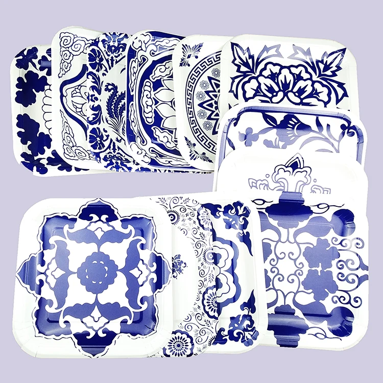 

12 designs 9 Inch biodegradable Blue and White Porcelain Style square Paper Plate, Customized