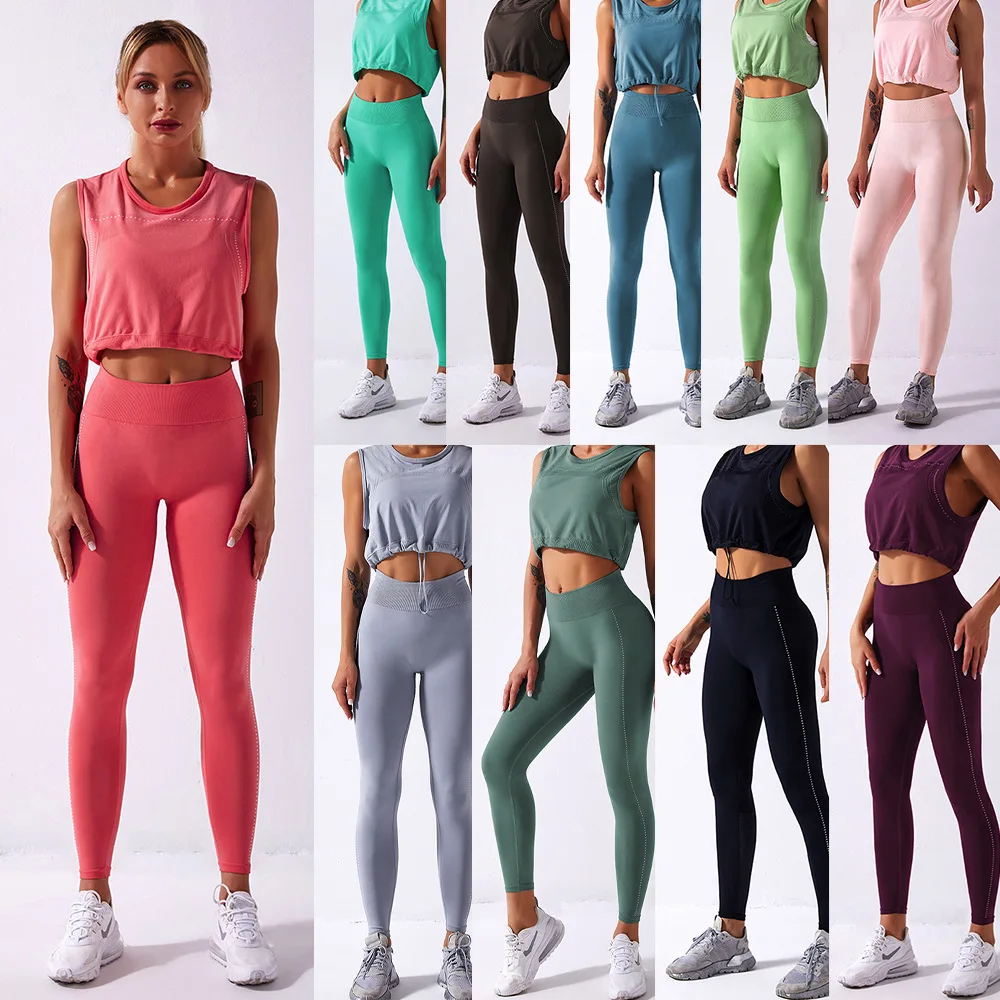 

Fitness Sports Sleeveless Vest Crop Top Set Gym Casual Leisure Pants Suit For Women 2 Pieces Set