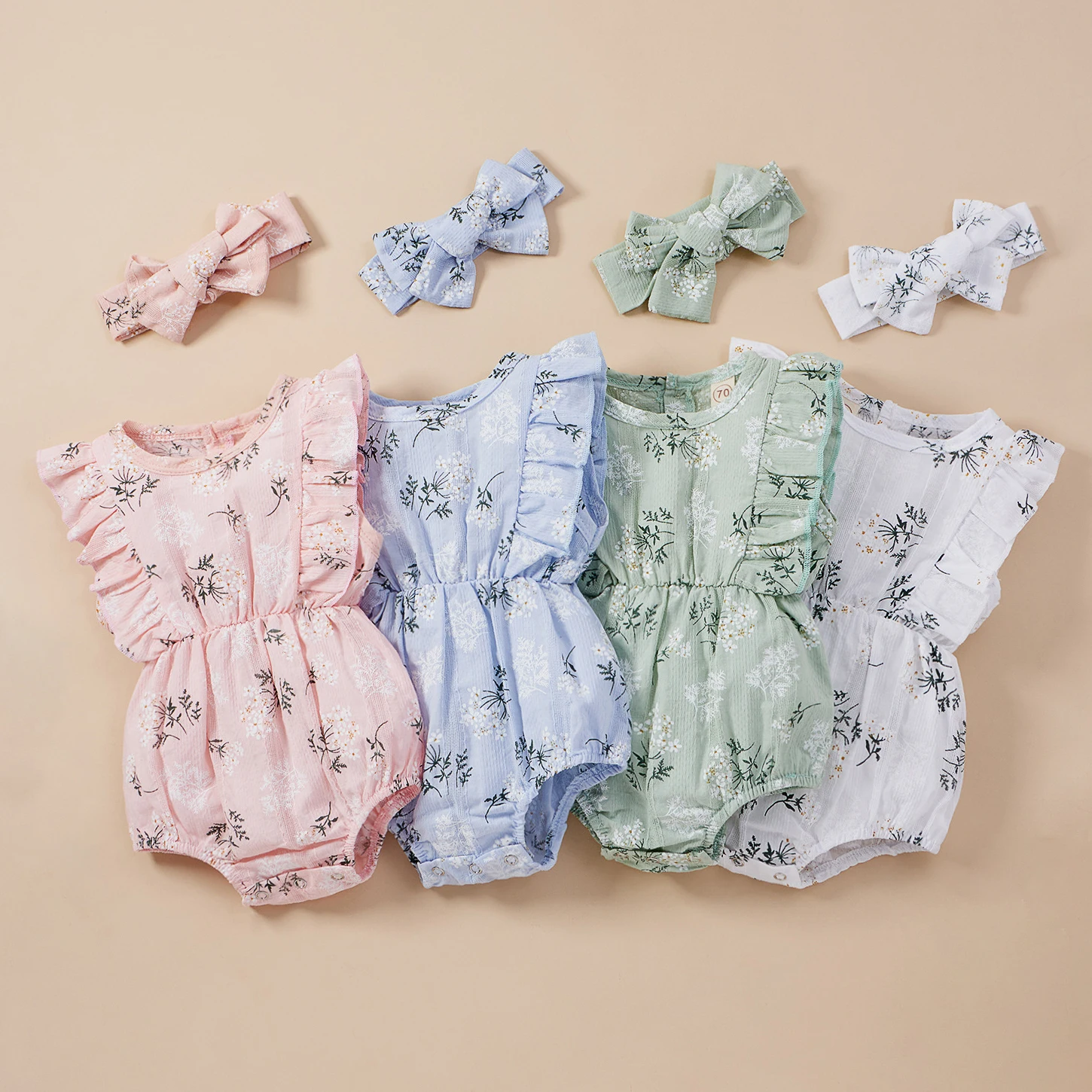 

Wholesale Summer Infant Clothes Ruffles Sleeve Backless Floral Print Cotton Headband Outfits Baby Girls Clothes Romper Sets, Photo showed and customized color