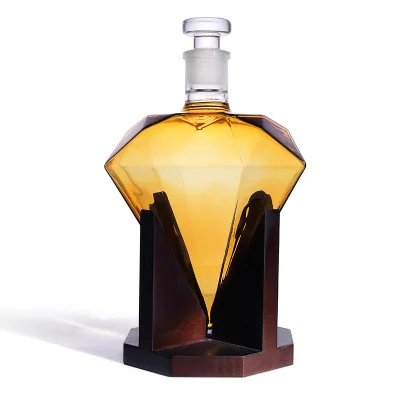 

850ml/1000ml Diamond Shape Liquor Whiskey Glass Bottle Decanter with Wood Base for Bourbon Vodka Red Wine