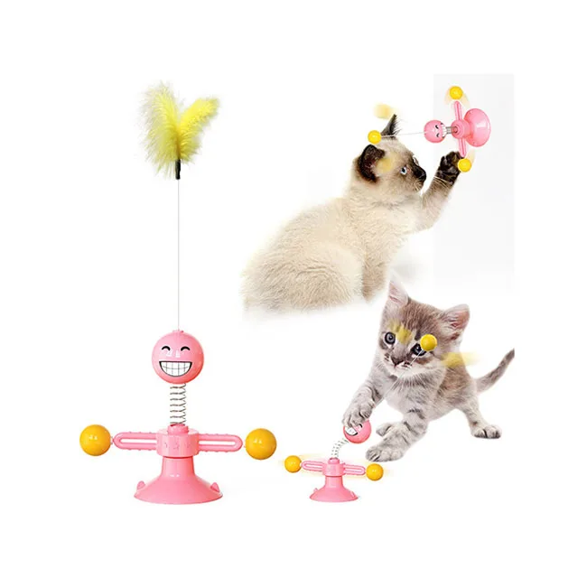 

New Design Turntable Teasing Feather Stick Suction Cup Base Kitten Feather Ball Funny Cat Toys