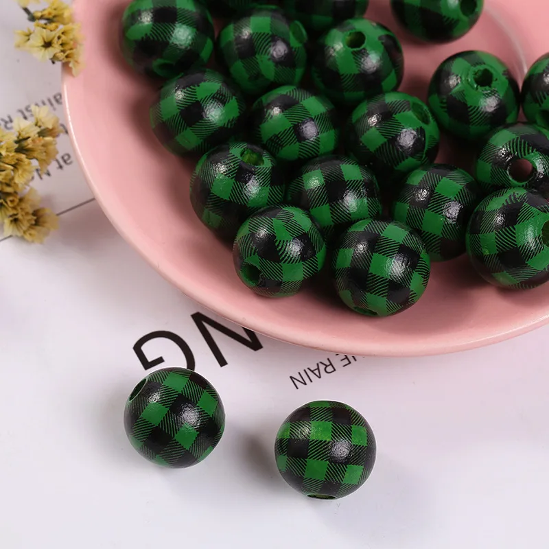

100Pcs / bagsChristmas craft gift handmade diy colorful 12mm 14mm 16mm plaid wood beads for jewelry making