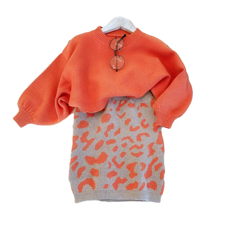 

2020 New Design Baby Girl Autumn Knitting Sweater Dress Orange Christmas Girl Two Piece Casual Suit Dress Girls Sweaters