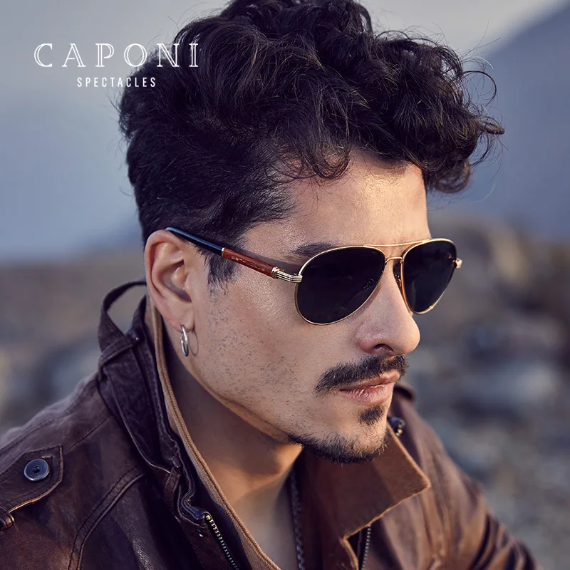 

CAPONI New 2021 Brand Designer Men Sun Glasses Metal Wooden Frame Polarized Lens Sunglasses Fashion Driving Shade For Men