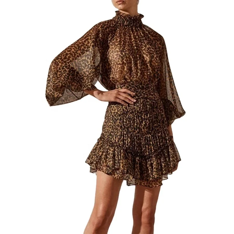 

TWOTWINSTYLE Stand Collar Lantern Long Sleeve High Waist Leopard Ruched Patchwork Elegant Dresses