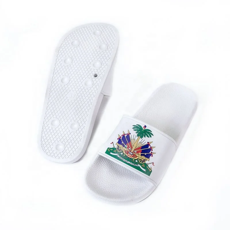 
2020 Hot Sale High Quality PCU Sole PVC Strap Red Custom Haiti Flag Slide Sandals With Logo Design Flip Flops 