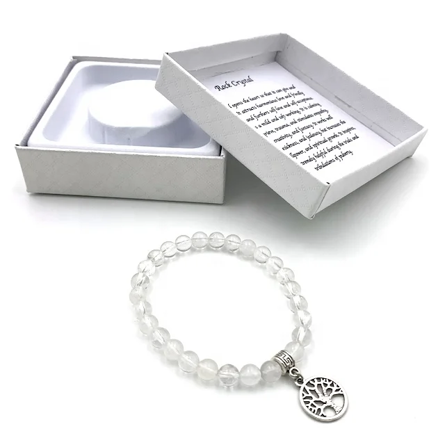 

Gemstone 6mm Rock Crystal bracelet with Tree of life charm packaged in giftbox and property description of the stone hot item