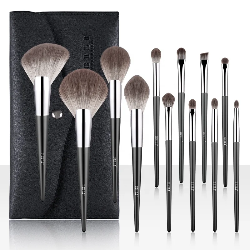 

BEILI luxury black 12pcs makeup brush bag Nano wool fiber powder foundation makeup brush private label Wholesale