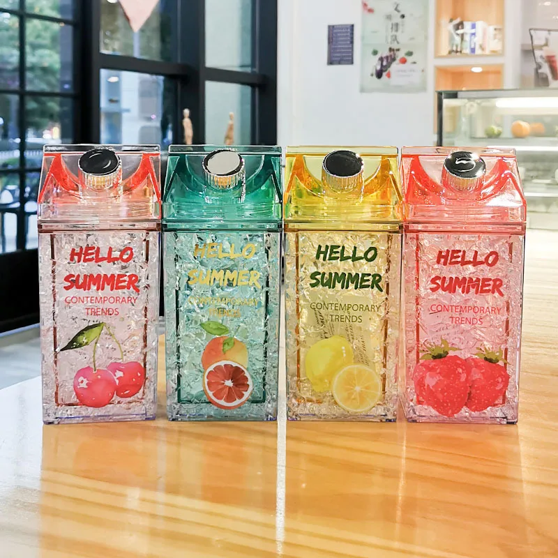 

2021 High Quality Eco friendly Sports Rectangle Print Clear Plastic Milk Carton Water Bottle With straw, As pictures