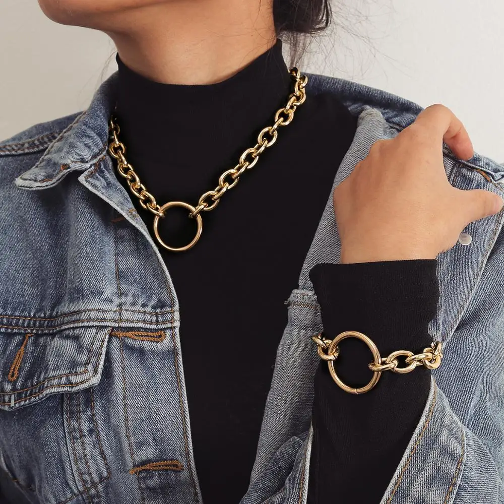 

Fashion Statement Gold Link Chains Bracelets Simple Hollow Round Splice Hips Hops Chains Choker Necklace for Rap Women, As picture