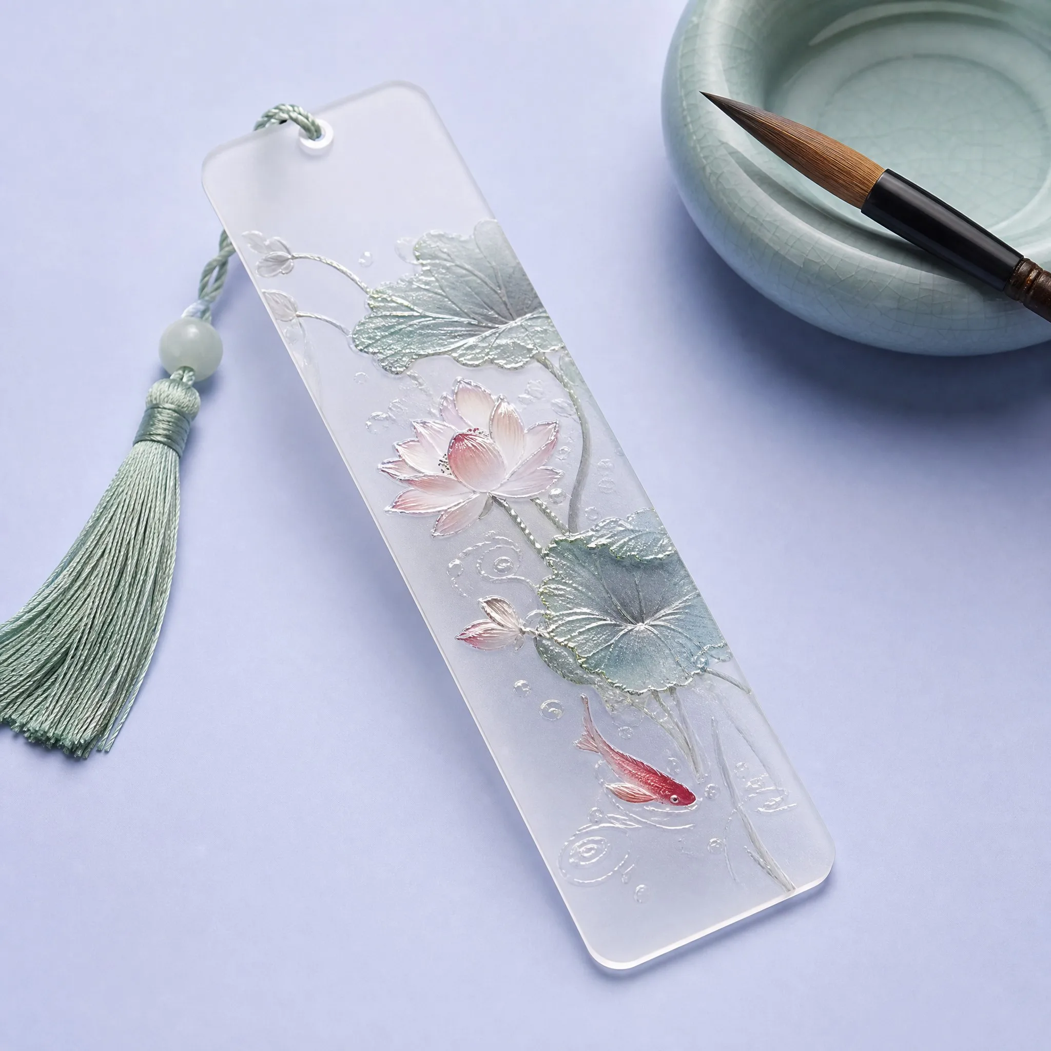 Custom Frosted Translucent Acrylic Bookmark with 3D UV Embossed Lotus and Jade Tassel