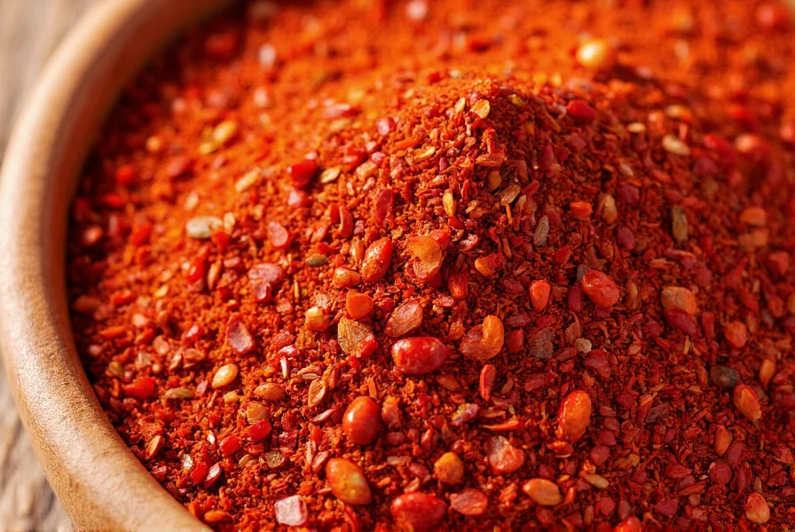 Close-up of red pepper flakes showing different sizes and colors of crushed chili peppers in a wooden bowl