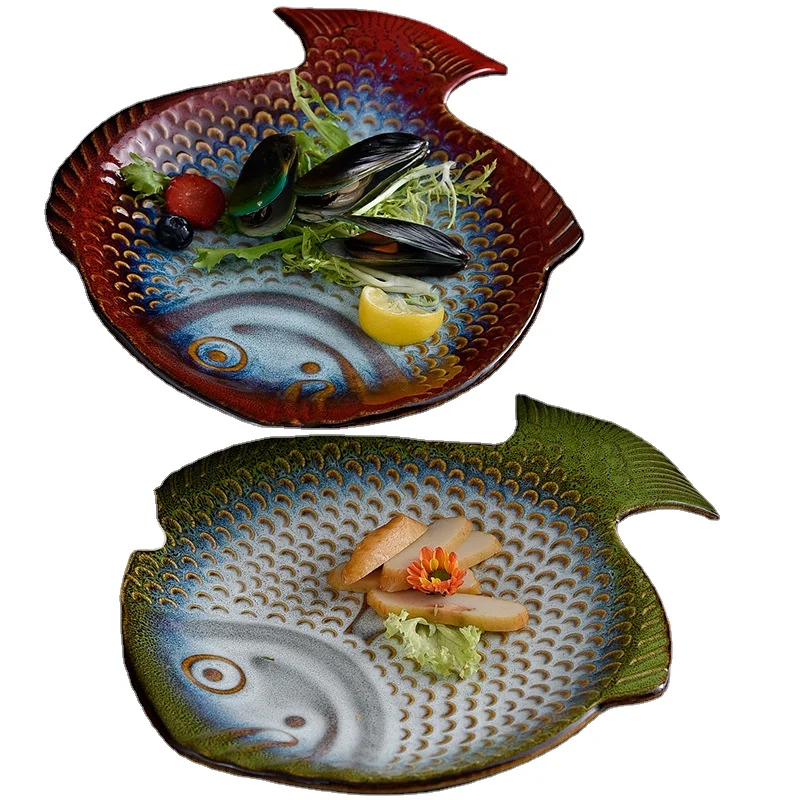 

Retro kiln fish-shaped dinner plate ceramic Japanese and Korean food utensils sushi plate tableware special dish wholesale, Blue