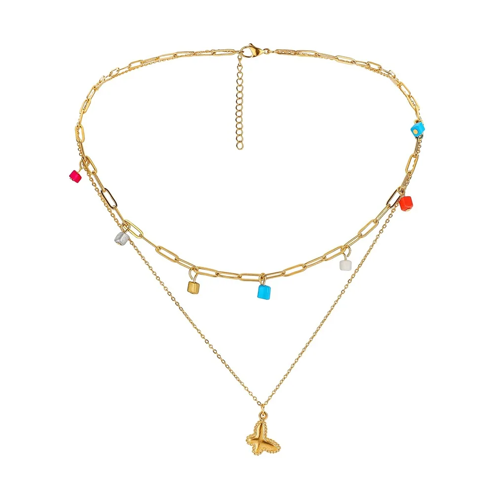 

Trendy Summer Jewelry Necklace For Women Double Layer Stainless Steel Chain Rosary Beads Butterfly Pendants Necklace, Gold