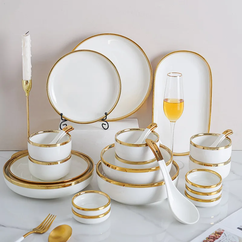 

Nordic golden trim matte white home daily use Noodle Bowl plate dish soup spoon set creative ceramic tableware set