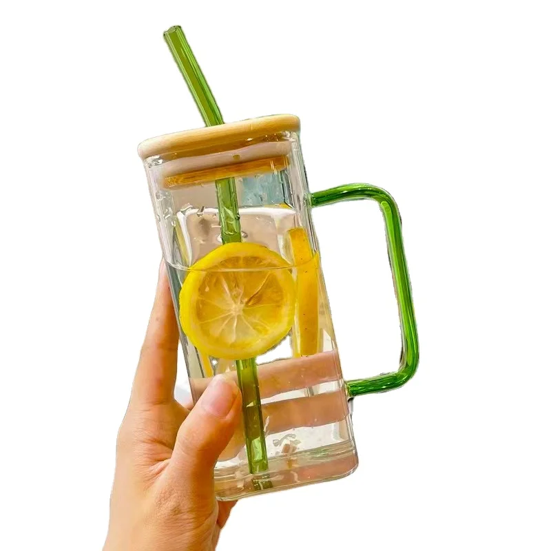 

Custom Square Shape Glass Drinking Juice Milk Water Glass Cup with Colored Handle Bamboo Lid and Straw