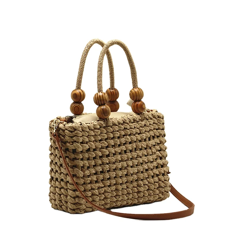 

new style straw bags wooden bead One shoulder cross-body handbags ladies girls casual handmade women hand bags wholesale, Light tan